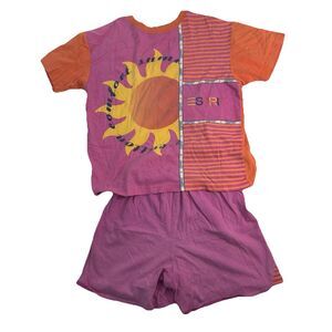 Vintage Esprit Girls Sun Graphic Colorblock Shirt Shorts Set Pink 90s Retro L XL